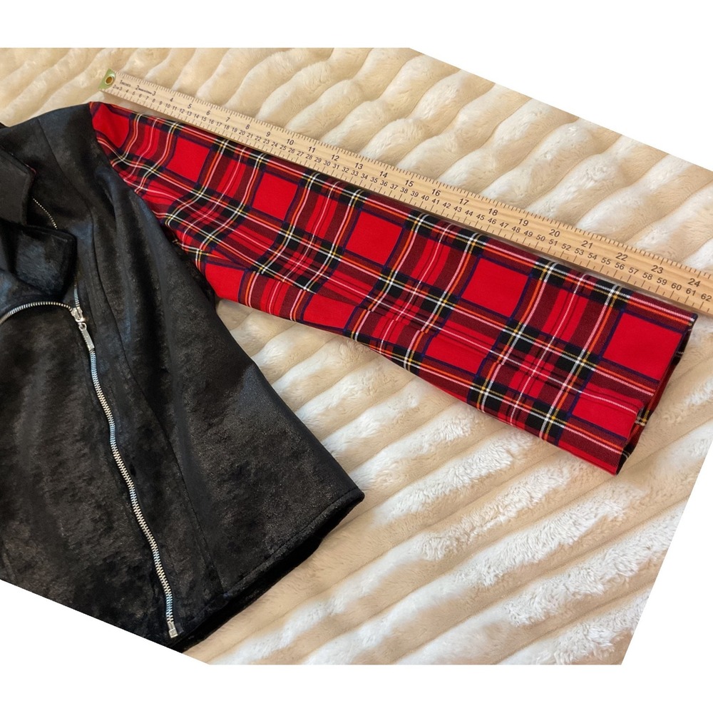 Nygard Womens Black Faux Suede Moto Jacket Red Plaid Sleeves Size L Mixed Media - Picture 8 of 9
